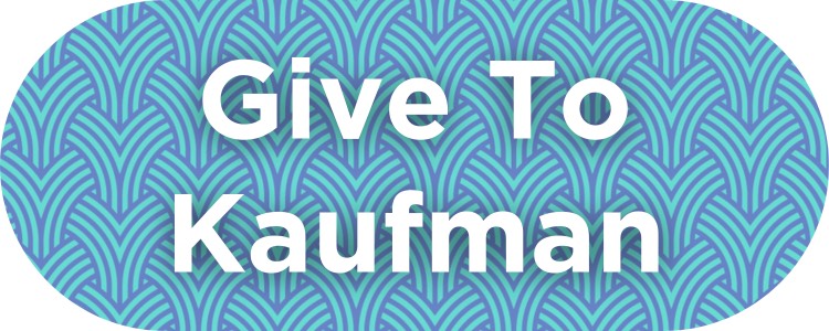 "Give to Kaufman" in white with teal and blue weave patter background